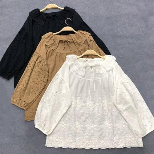 Johnature Autumn New Embroidery Womens Tops And Blouses 2021 Casual Japanese Solid Color Loose Ruffles Collar Tie Female Shirts