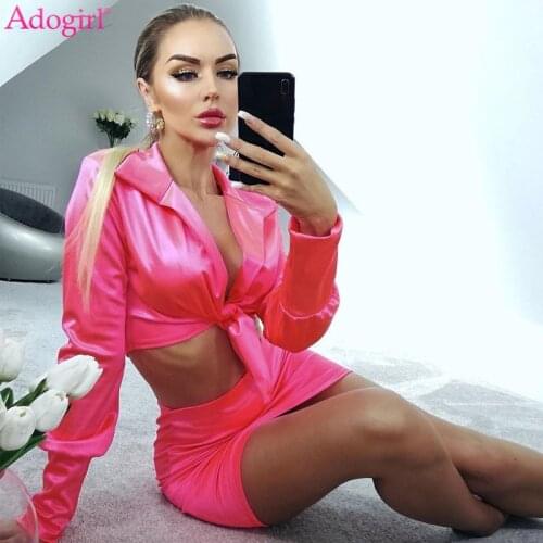 Adogirl Women Sexy Solid Satin Two Piece Set Dress Front Tie Long Sleeve Shirt Crop Top Bodycon Mini Skirt Fashion Casual Suits
