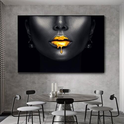 African Gold Lips Black Woman Canvas Paintings on The Wall Art Posters and Prints Black Face Pictures for Living Room Unframed