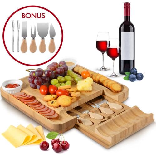 Bamboo Cheese Board Cutlery Knife Set Drawer Cheese Board with 4 Knives Dining Table Board Dessert Fruit Tray Party Tableware