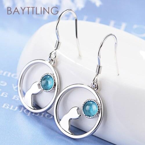 BAYTTLING 28MM 925 Sterling Silver Fine Blue Round Zircon Cat Drop Earrings For Women Fashion Wedding Jewelry Gifts