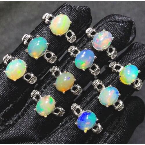 100% 925 Sterling Silver Ring with Real Natural Opal Oval 7x9mm Multicolor Shining Opal Wedding Rings for Women Engagement Ring