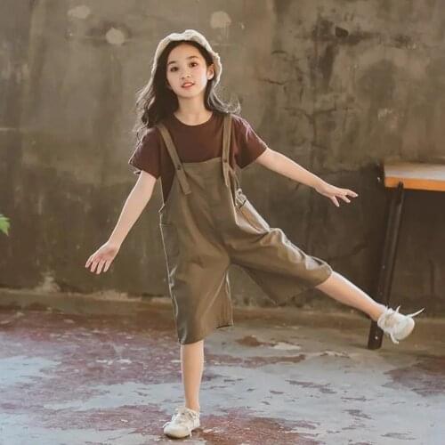 4-14 Years Girls Summer Clothes Sets Toddler Girls Overalls + Short Sleeve Tops T Shirts 2Pieces Children Clothing Set Outfits