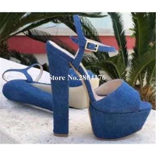 Fashion Women Peep Toe Blue Denim High Platform Chunky Heel Sandals Ankle Straps Thick HIgh Heel Sandals Big Size Club Shoes