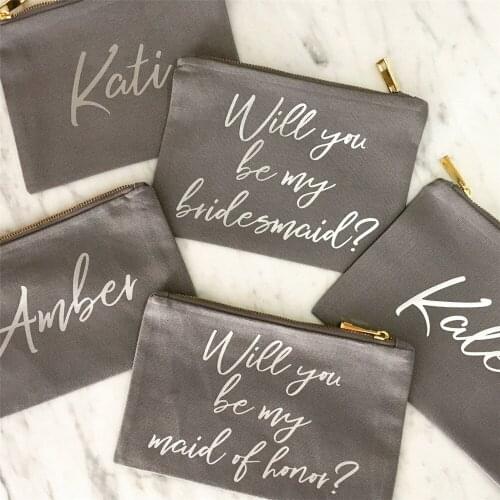 New Personalized Makeup Bag, Bridesmaid Gift, Maid of Honor Gift, Custom Text Wedding Party Favors Canvas Toiletry Bag