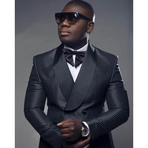 2020 New Black Dots Mens 2 Piece Suit With Pants Double-breasted Shawl Lapel Blazer Slim Fit Groomsman Tuxedos For Wedding