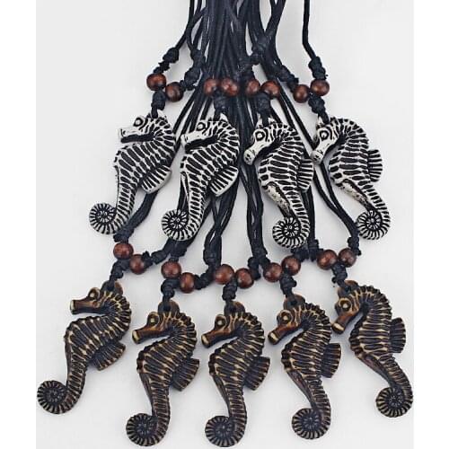 Wholesales 6pcs Faux Yak Bone Powder White/Brown Tribal Resin Carving Sea Horse Pendant Necklace Black Wax Cotton Cord