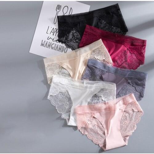 Q Antibacterial Cotton Crotch Underwear Ladies Underpants Summer Ice Silk Seamless Women Panties Sexy Lace Hollow Briefs