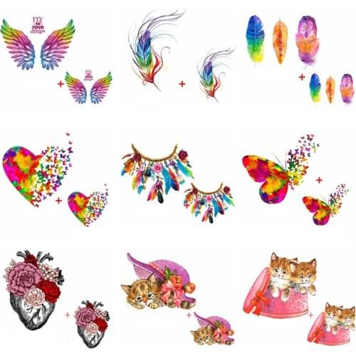 2Pcs/Pack Colorful Print Heart Cat Thermo Stickers On Clothes DIY Heat Transfer Patch Butterfly Iron On Transfer For Clothing
