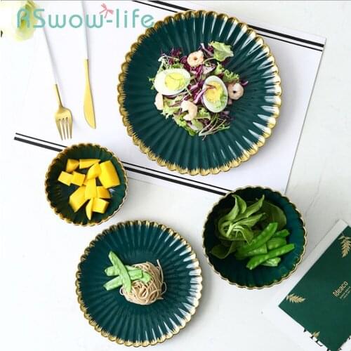 Vintage Dark Green Chrysanthemum Ceramic Dish Emerald Gilt Plates Fruit Plate Salad Bowl Soup Bowl Ceramic Plate For Tableware