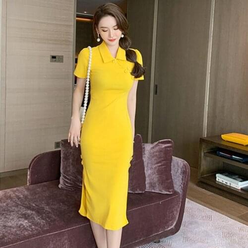 Chinese Style Vintage Short Sleeve Midi Party Dress Ladies Elegant Robe Casual Turn-down Collar Solid Bodycon Split Beach Dress