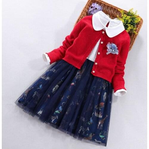 New Arrival 2020 Kids Girl Clothes 2 Piece Set Knitted Cardigan Sweater Long Sleeve Print Animals Princess Girls Dress Children