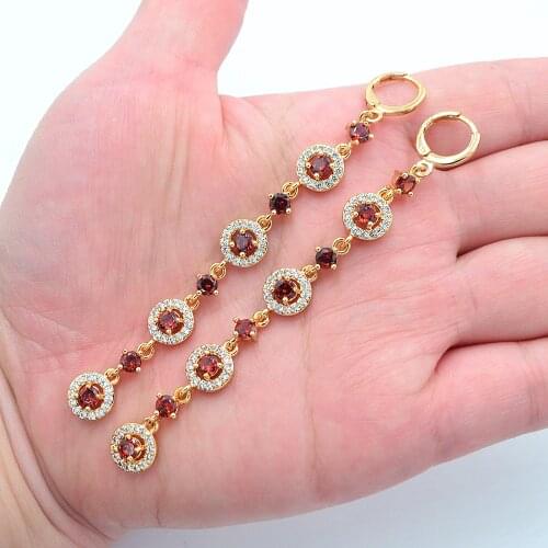 Gold Color Women Fashion Luxury Red Zirconia CZ Round Drop Long Dangle Wedding Earrings Jewelry