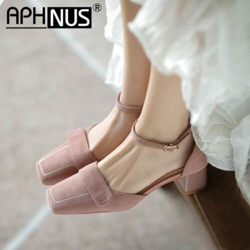 APHNUS Womens Sandals Ankle Strap Square Toe Low Mid Heels Pumps Woman 2021 Shoes For Women New