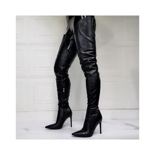 Women Black Leather Over the Knee Thin High Heel Boots Sexy Back Opening Tall Boots Gladiator Zip Sexy Dress Shoes 2021 Autumn