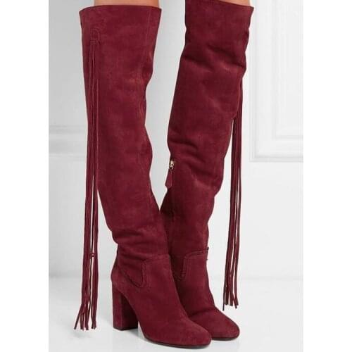 Round Toe Cowboy Style Ladies Chunky Heel Boots Long Fringe Side Women Knee High Boots Zipper Boots Female Fashion Dress Boots