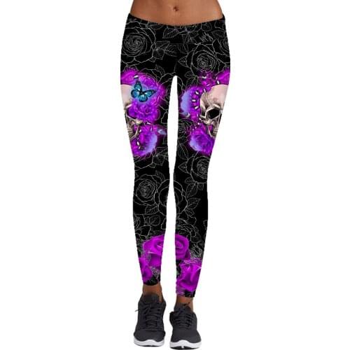 3 Patterns Women Halloween Sports Pants High Waist Black Purple Skull Floral Fitness Running Leggings