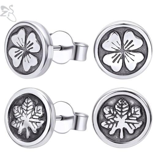 ZS 2 Pcs 316L Stainless Steel Earrings For Women Clover Maple Leaf Stud Earring Punk Vintage Earring Boucle d'oreille femme 2019
