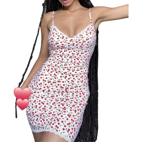 2021 New Women’s Sexy Suspender Short Dress Fashion Cherry Printing Flounce V-neck Mid Waist Tight Dress