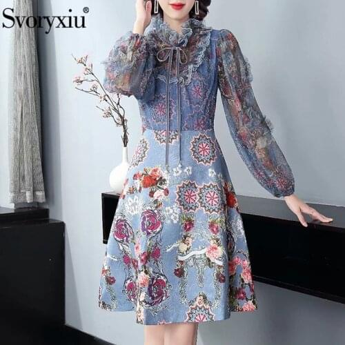 Svoryxiu Runway Designer Autumn Vintage Short Dress Womens Fashion Lace Ruffles Print Jacquard Lantern Sleeve Dresses