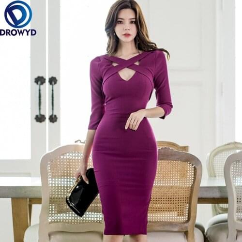 Purple Tight Business Office Dress 2021 Summer High Waist Slim Pencil Small Sexy V-Neck Cross Women Elegant Party Dress Vestidos