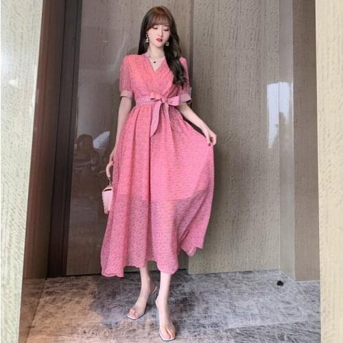 Print Sweet Pink Women Dresses Summer 2020 Loose Big Swing Chiffon Dress Ladies with Belt Casual Bohemian Dress Woman Sundresses