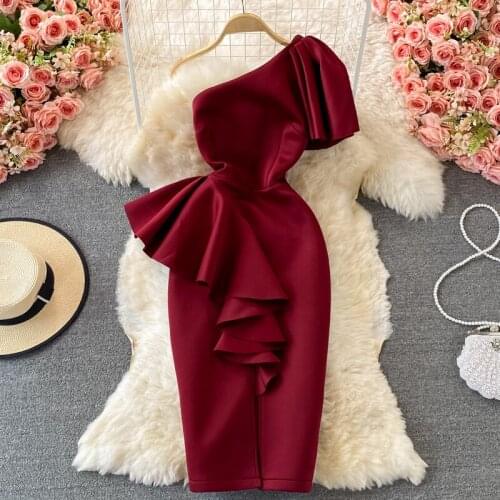 2021 Solid Evening Party Dresse for Women Ruffles Summer Autumn Korean Sexy Strapless split High Waist Elegant temperament dress