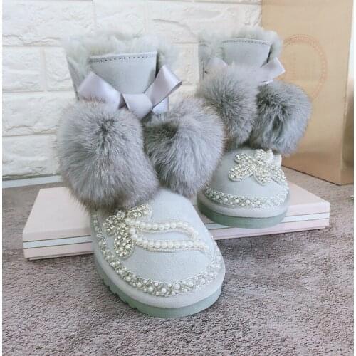 Winter new fashion custom rhinestone fox fur full female boots wild wool warm thick snow boots large size womens boots