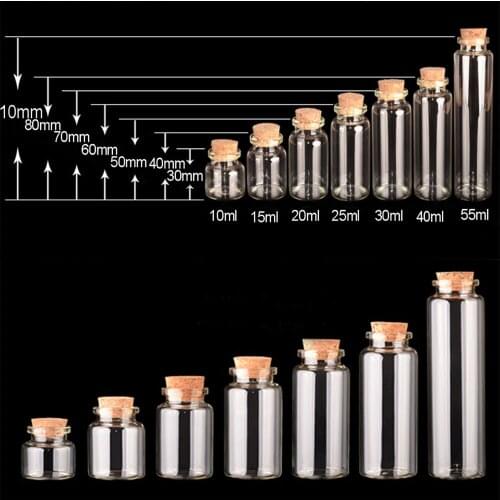 10Pcs 30mmClear Transparent Glass Bottles Wood Lid Cork Stopper Make Wishes Bottle Originality Small Vial 10,15,20,25,30,40,55ml