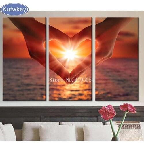 3d sea Heart Shape Gesture Sunset full Diamond embroidery 5d diy diamond painting 3pcs Cross Stitch Rhinestone mosaic home decor