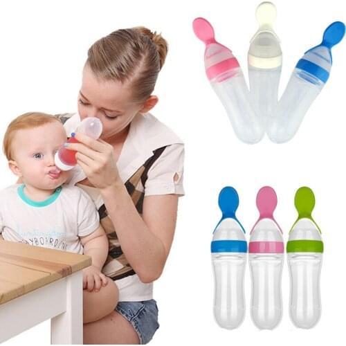 90ML Baby Feeding Bottle with spoon Tongue Pressing Type Lip Mouth Spoon Training Milk Rice Paste Squeeze Feeder Tableware