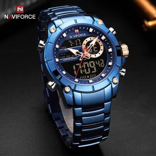 NAVIFORCE Fashion Mens Watches LED Digital Sport Quartz Wrist Watch Luxury Brand Military Stainless Steel Waterproof Clock 9163