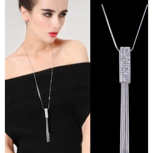 Elegant Women Adjustable Crystal Tassel Long Sweater Chain Pendant Necklaces