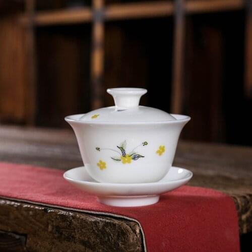Ceramic Dehua Ceramic Whiteware Cover Bowl Stacking Tea Bowl Large Three-Force Bowl Kung Fu Tea Set Condensed Fat White Gaiwan