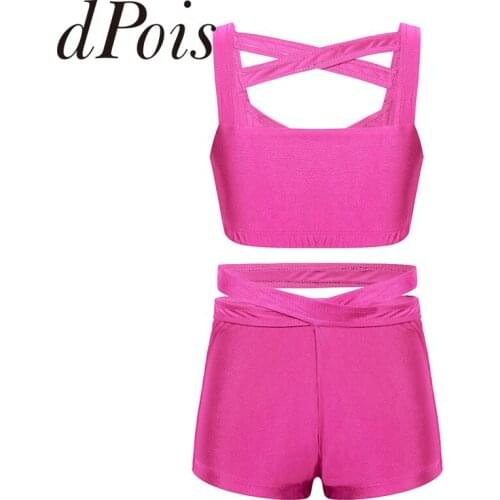 Kids Girls Stretchy Solid Color Strappy Cross Front Sleeveless Sports Tank Top Activewear Dance Shorts Yoga Sports Workout Gym