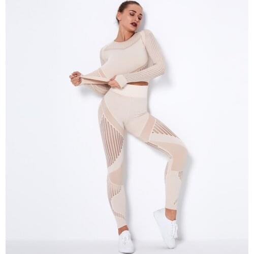 2PCS Gym Set Women Hollow Out Seamless Set Long Sleeve Top High Waist Leggings Workout Clothes Sport Wear Women Fitness Suit