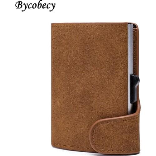 Bycobecy 2021 Pu Metal Box Purse Business Credit Card Cardholder Mini Smart Rfid Card Box Mens Black Brown Bag Small Wallet