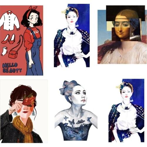 Fashion Girl Patches On Clothes Woman Applique Patches Iron On Transfers For Clothing Cartoon Thermoadhesive Stickers Stripes