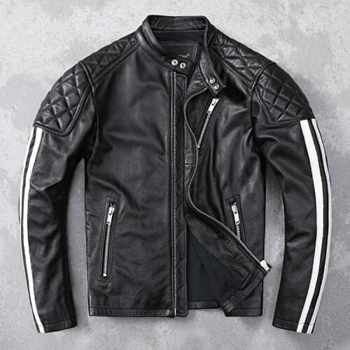 Mens genuine leather jacket top layer cowhide slim-fit motorcycle jacket pure leather jacket size mens