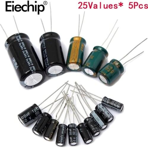125pcs/lot 25value 1uF-2200uF Electrolytic Capacitor Kit 16V/25V/50V Electrolytic Capacitors Assortment set 1000UF 470UF 100UF