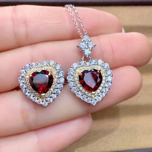 Popular natural garnet gemstone ring and necklace jewelry set real 925 silver red heart style natural gem love birthday gift