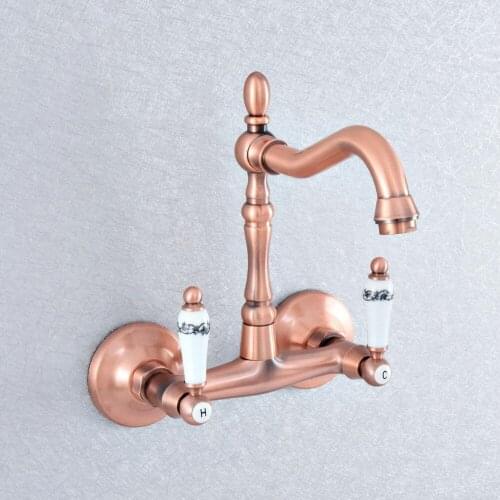Kitchen Wet Bar Bathroom Vessel Sink Faucet Antique Red Copper Brass Wall Mount Swivel Spout Mixer Tap Dual Ceramic Lever msf870