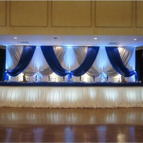 3M*6M White Wedding Backdrop with royal blue and silver swags Stage Curtain Wedding Decoration