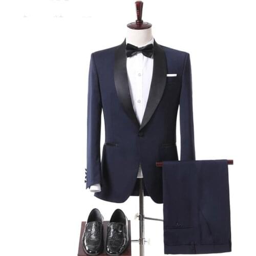 Navy Blue Wedding Groomsmen Tuxedos for Groom Wear Black Shawl Lapel Two Piece One Button Business Men Suits Jacket Pants