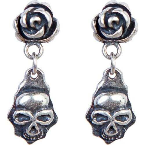 Vintage Silver Color Rose Flower Skull Stud Earrings for Motorcycle Party Gothic Style Women Girls Earrings Punk Jewelry Gifts