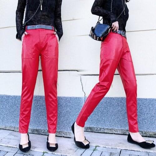 Women' PU leather pants new spring and autumn Korean version of high waist slim temperament base wear small feet Harlan trousers