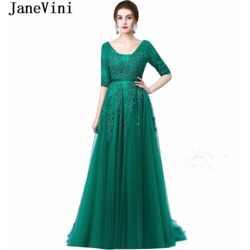 JaneVini 2018 A Line Long Bridesmaid Dresses Sexy Deep V Neck Half Sleeve Lace Applique Backless Sweep Train Emerald Green Dress