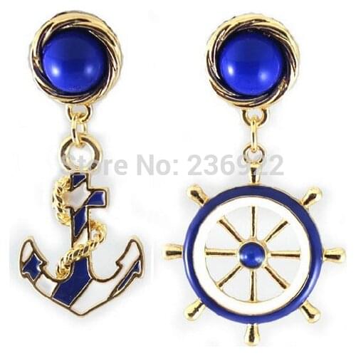 ZRM 20pairs/lot Wholesale Fashion Jewelry Blue Enameled Stone Gold Chain Tredny Wheel Nautical Anchor Earrings for Women
