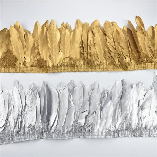 2Meters Gold Silver Goose Feathers on Tape Trims Ribbon Needlework Feather Fringe Trim Clothes Wedding Accessories Decoration