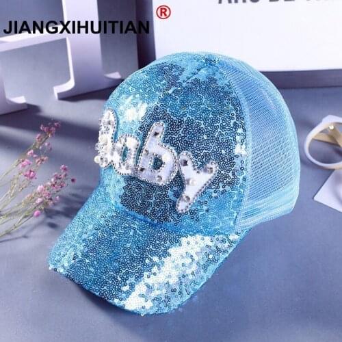 2018 Baby Girls Sequins Baby Letter Snapback Caps Mesh Baseball Caps Children Summer Pearls Hip Hop Adjustable Sun Hats Bonnet